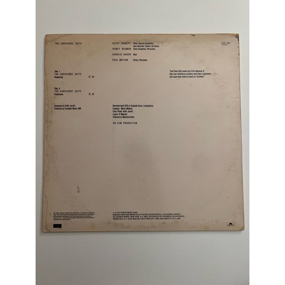 Keith Jarrett The Survivors' Suite 1977 LP ECM Records 1085 VG+ Plays Clean - Picture 2 of 7